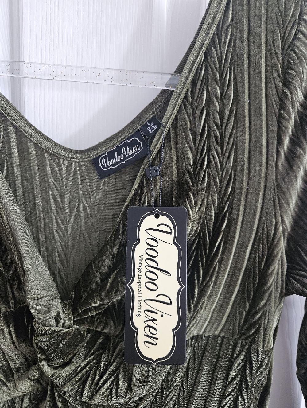 NWT VooDoo Vixen Olive Velvet Embossed/Quilted Swing Dress - Picture 9 of 13